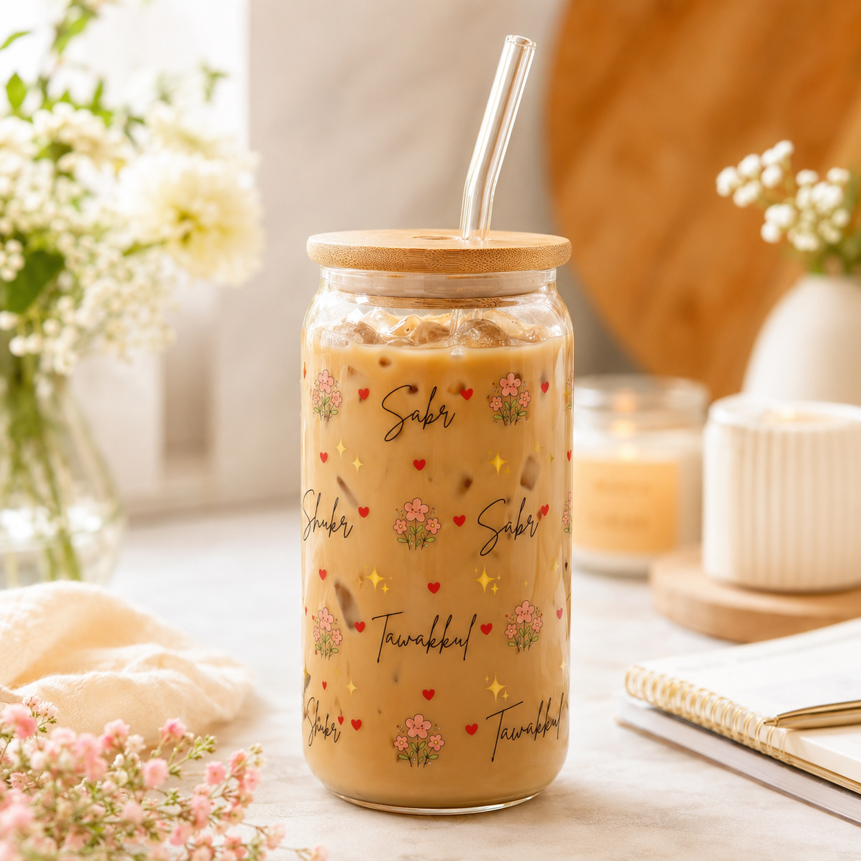 Sabr Shukr Tawakkul Glass Tumbler with Bamboo Lid & Straw