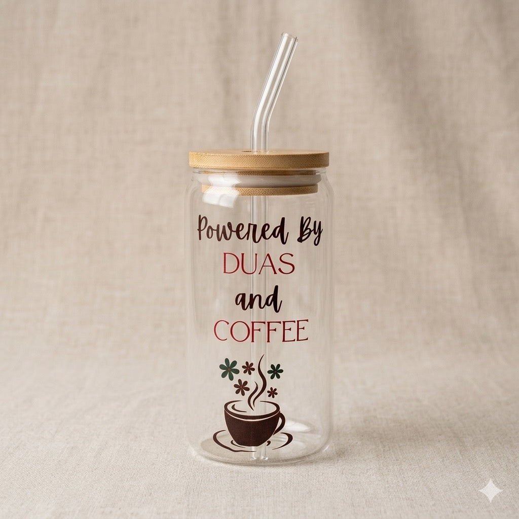 Powered by Duas and Coffee Glass Cup with Bamboo Lid & Glass Straw | Muslim Mom Coffee Tumbler