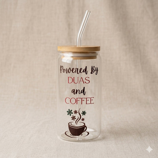 Powered by Duas and Coffee Glass Cup with Bamboo Lid & Glass Straw | Muslim Mom Coffee Tumbler