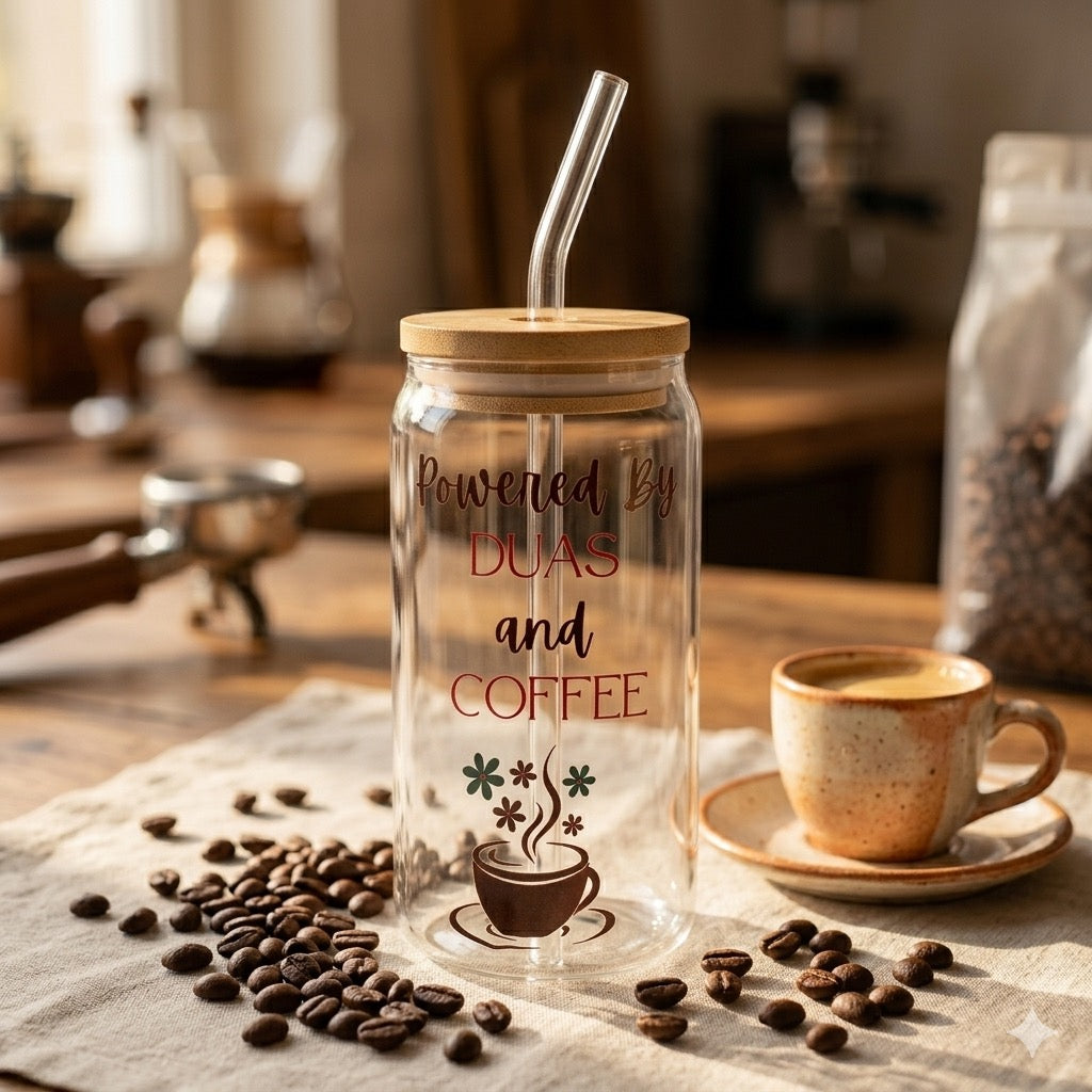 Powered by Duas and Coffee Glass Cup with Bamboo Lid & Glass Straw | Muslim Mom Coffee Tumbler