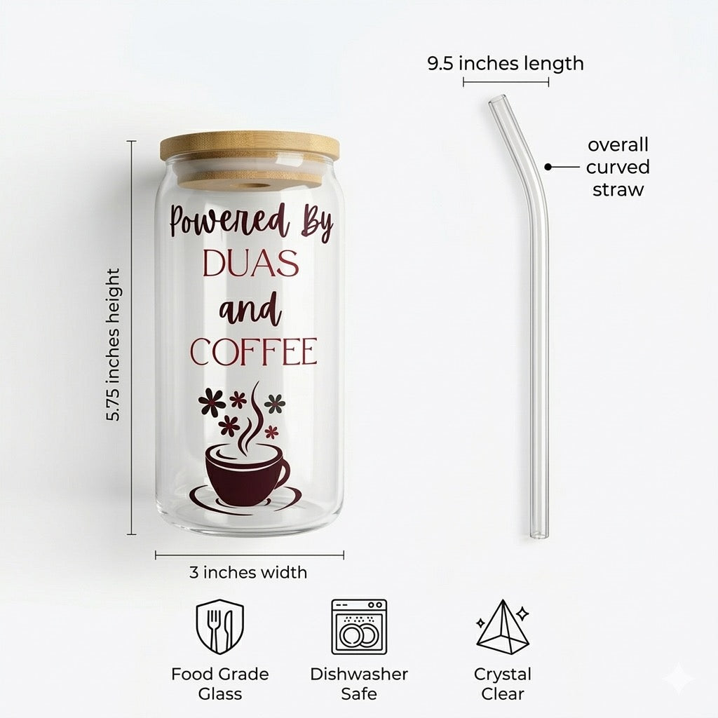 Powered by Duas and Coffee Glass Cup with Bamboo Lid & Glass Straw | Muslim Mom Coffee Tumbler